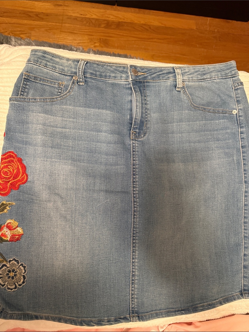 Westport Light Blue Denim Skirt with Rose Embroidery